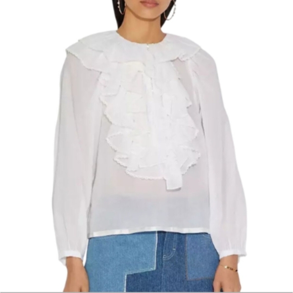Coach 1941 White Peasant Blouse Stunning Ruffles Gold Logo Buttons Linen Size 8 - Picture 1 of 7